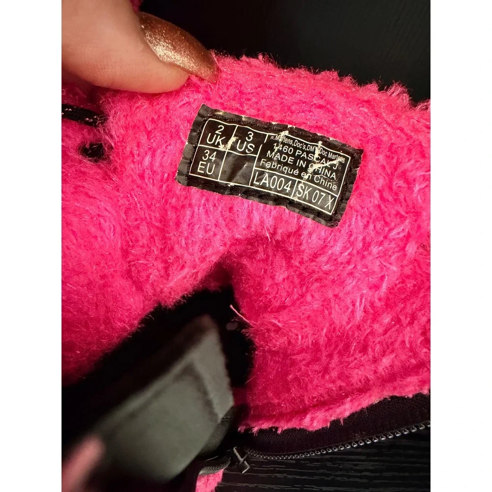 Dr. Martens 1460 Pascal J Kids Hot Pink Faux Fur Lace Up Zip Boots Size 3 US